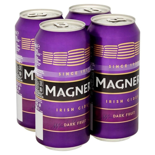 An image of 4 deep metallic purple cans with the Magners name written in white, against a black label, outlined in gold.