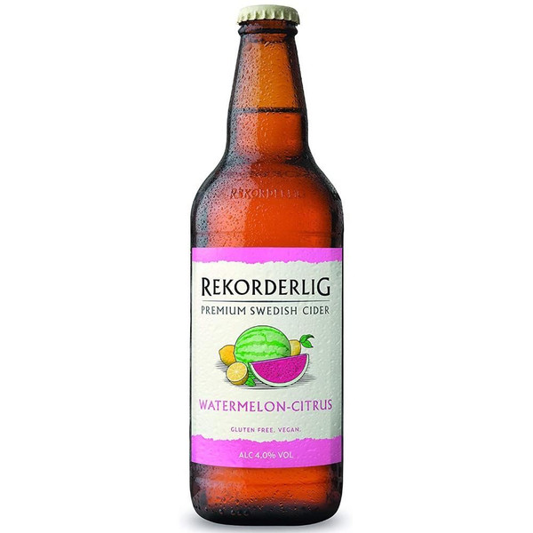 A single amber-hued chilled bottle with a white label, outlined in purple with a watermelon and lemons in the middle.