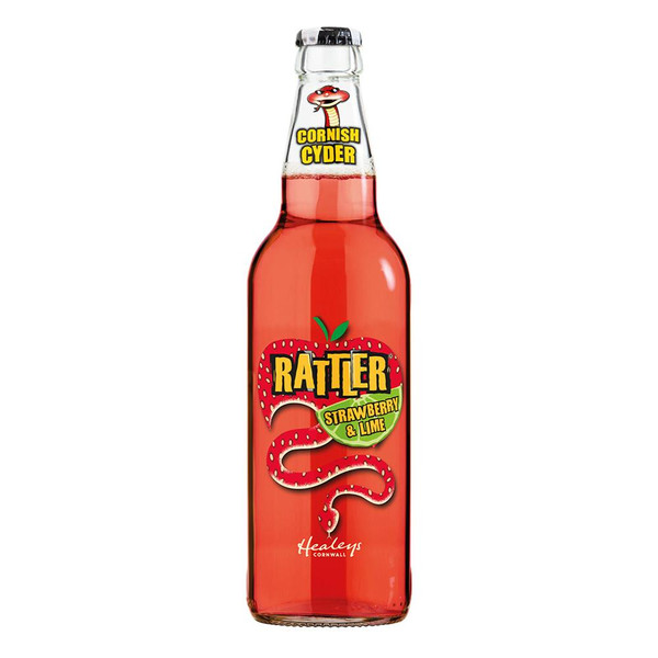 A single transparent bottle with a fresh red strawberry depicted in the centre, slowly transformed into a snake lower down.