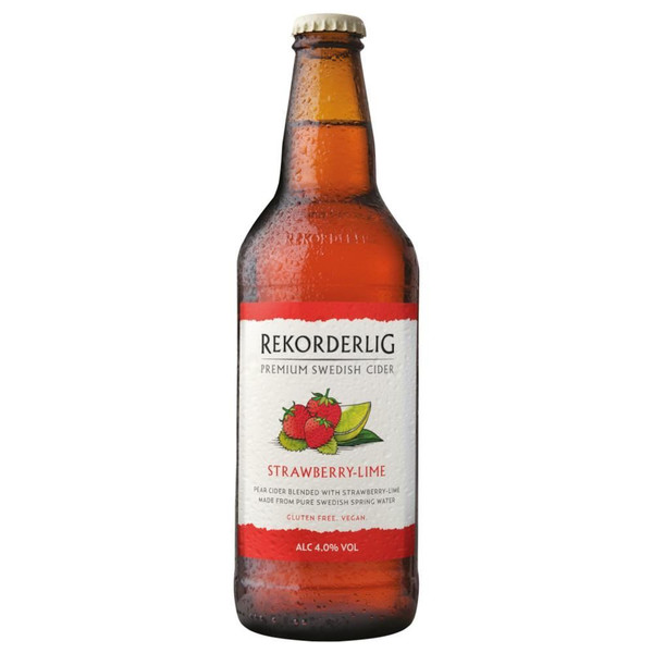 A single amber-hued chilled bottle with a white label, outlined in red with three strawberries and a lime in the centre.