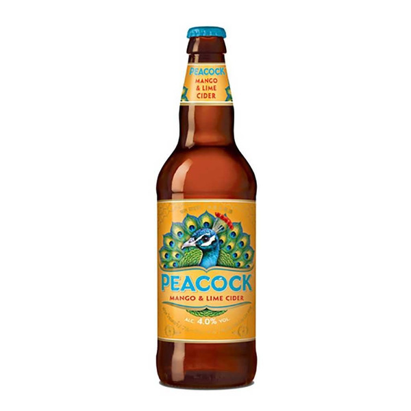 A single amber-hued bottle with a blue crown cap, there is an image of a peacock in the centre with the Peacock name written.