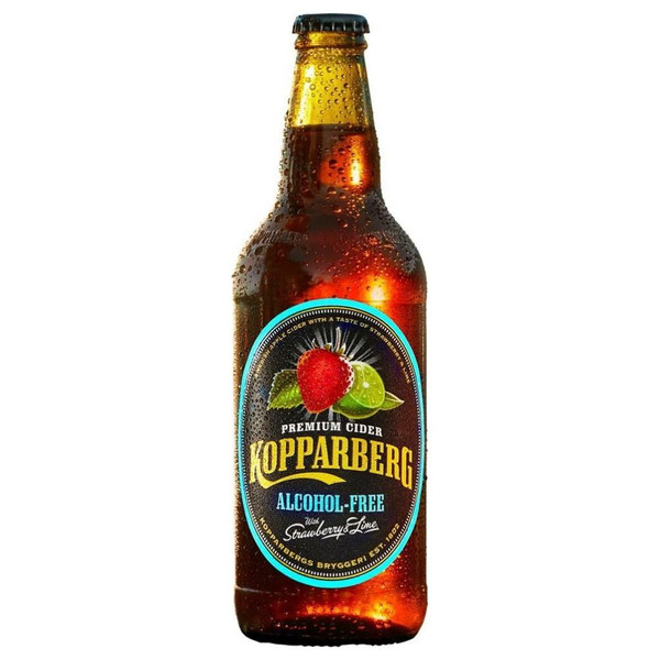 A single amber-hued bottle with a black oval label around the body, outlined in blue, the Kopparberg name is written in gold.