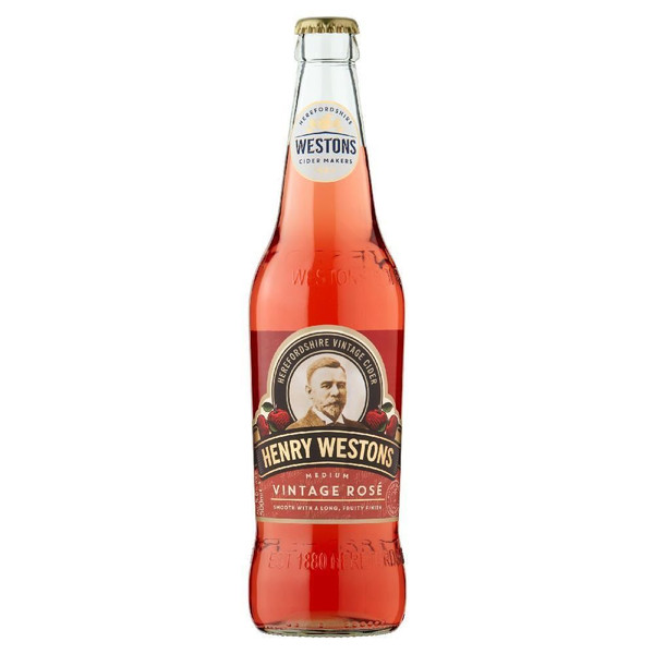 A single transparent bottle with a gold crown cap, the label features a portrait of Henry Weston, surrounded by fruits.