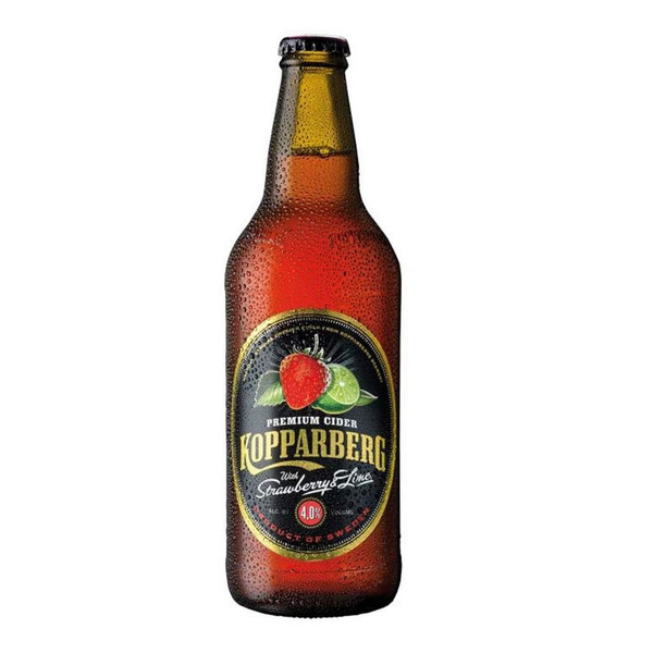 A single green-hued bottle with a gold and black oval label, in the centre is the Kopparberg name in bold gold letters.