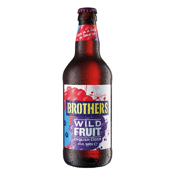 A single brown-hued chilled bottle with bright images of raspberries and berries on the label, with Brothers written boldly.