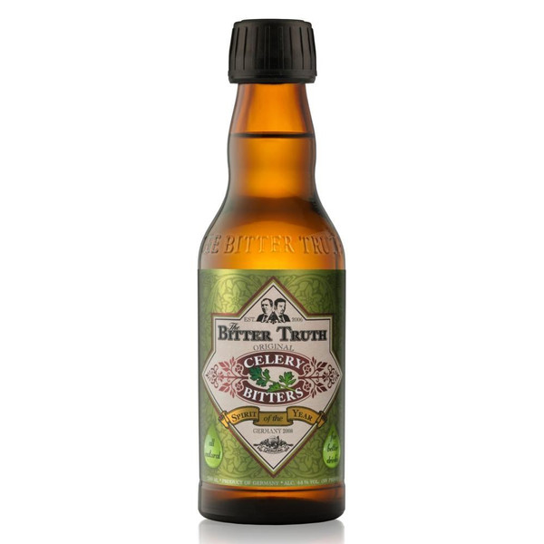 A single amber-hued bottle with The Bitter Truth embossed above the green label. In the centre is the Cucumber flavour.