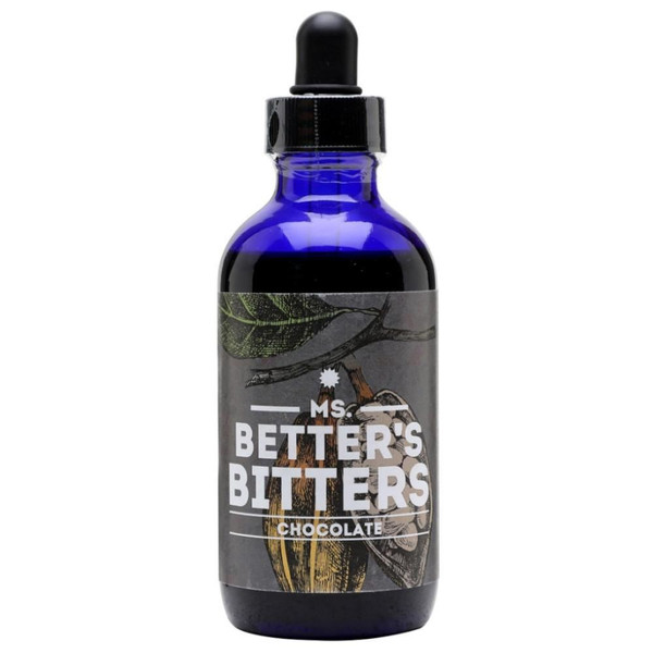 A single blue-hued bottle with a pipette closure, the Ms Betters Bitters name sits central against an image of a cocoa pod.