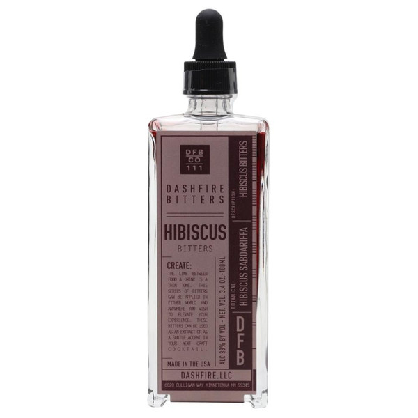A single bottle with a pipette closure. The Dashfire Bitters Hibiscus purple label is placed in the centre of the bottle.