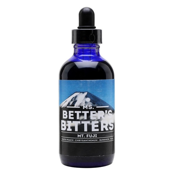 A single blue-hued bottle with a pipette closure, the Ms Betters Bitters name sits against a label depicting a mountain.