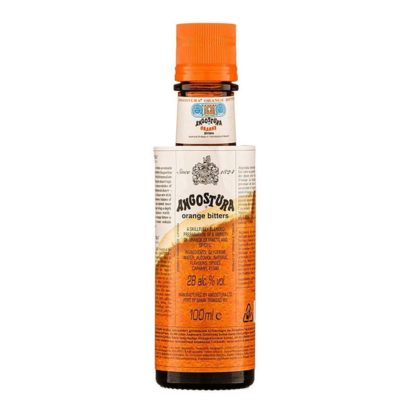 A single black bottle with a bright orange cap, the label around the body resembles a newspaper print with Angostura in bold.