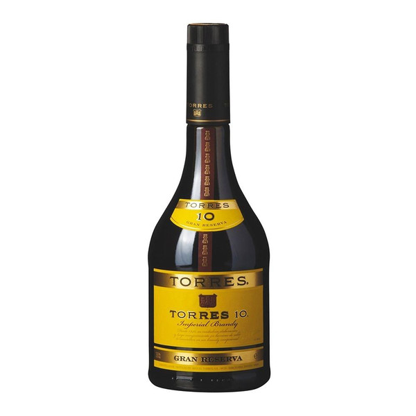 A single black bottle with a yellow label showing the Torres name in bold, gold font, with Gran Reserva at the bottom.