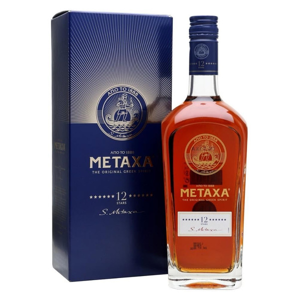 A single transparent bottle with a deep blue cap, the Metaxa name in embossed onto the bottle in beige bold letters.