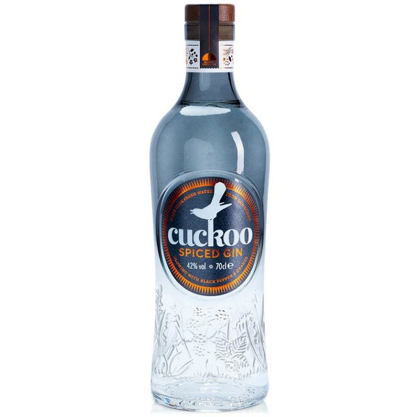 A single transparent and blue-hued bottle that showcases a metallic blue and copper circular label in the centre.