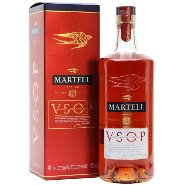 A single transparent bottle with a cork closure, the Martell name is written against a blue label in bold white letters.