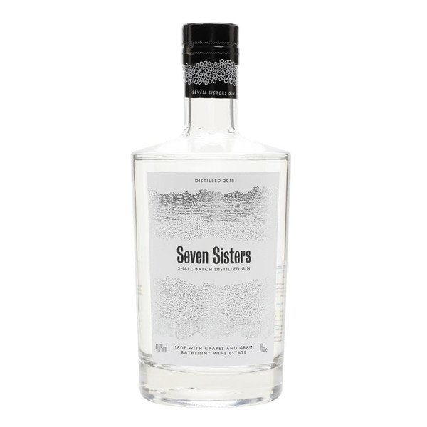 A single transparent bottle with a black cap, the Seven Sisters name is written in black in the centre of the label.