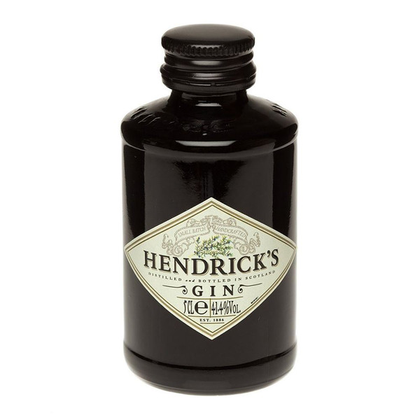 A single black bottle with a black cap, the Hendricks label is a white diamond shape with the letters written in black.