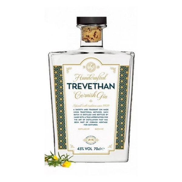 A single transparent bottle with a cork cap, the Tevethan name is written on a white label in bold blue letters in the centre