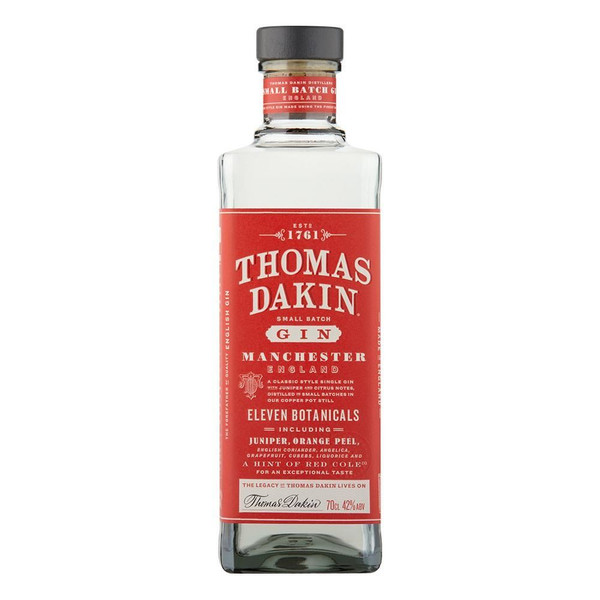 A single transparent bottle with matte red label around the body, showcasing the Thomas Dakin Gin name in white font.