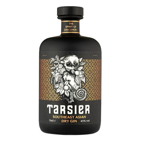 A single matte black bottle with a golden geometric squared pattern around the label above the Tarsier name in white.