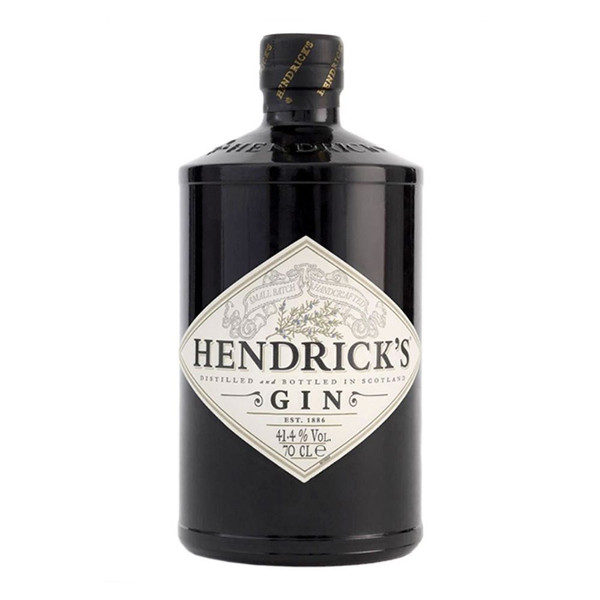 A single black bottle with a black cap, the Hendricks label is a white diamond shape with the letters written in black.