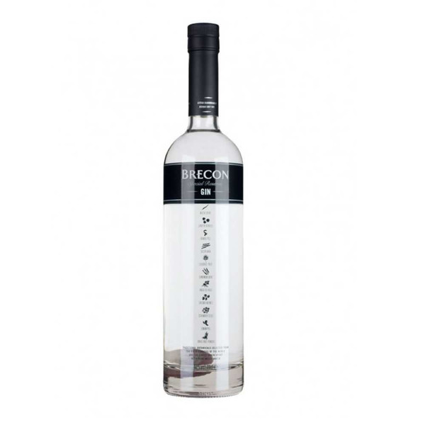 A single transparent tall bottle with a matte black closure. The Brecon Gin name is written on a shiny black label in white.