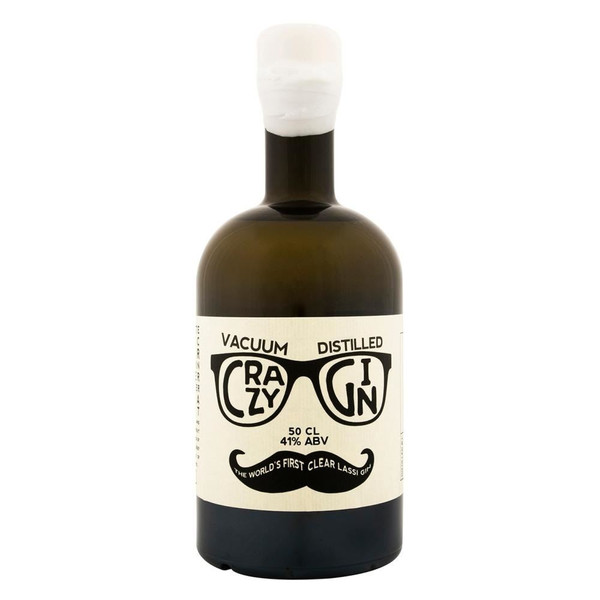 A single black bottle with a bold white label around the body displaying Crazy Gin against a pair of glasses and moustache.