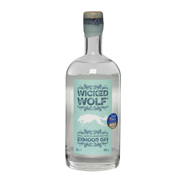 A single grey-hued bottle with a wax seal around the cap, the Wicked Wolf name is written against a pale blue label.