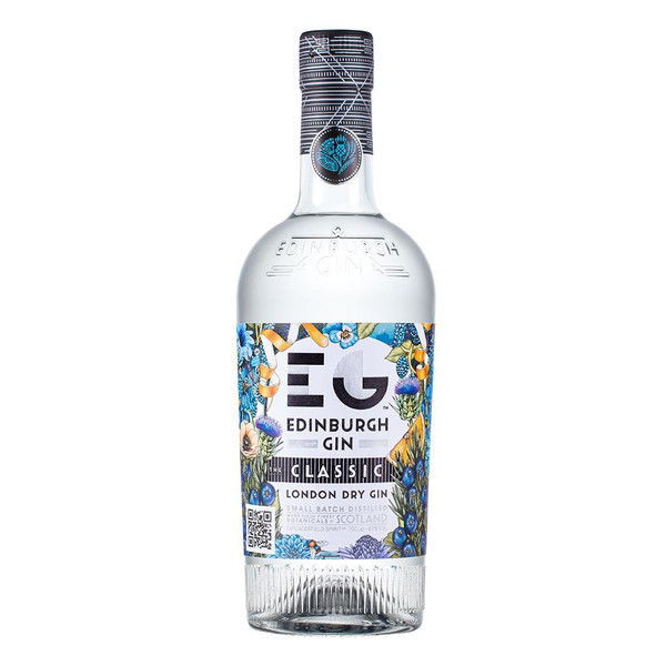 A single transparent bottle with the Edinburgh Gin logo in bold in the centre, against a floral background in blue and yellow