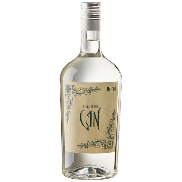 A single transparent bottle with a pale brown label in the centre. The Berto Gin is written in black bold letters.