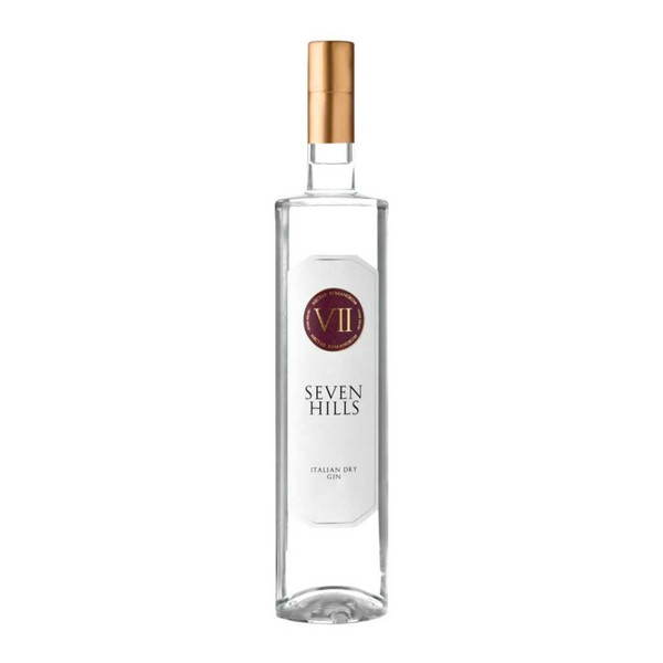 A single transparent sleek designed bottle with VII in a deep red circle, above the Seven Hills name in black slim font.