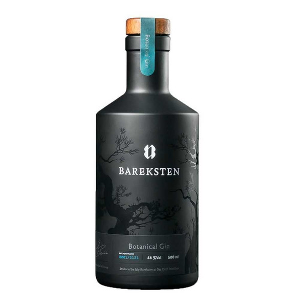 A single matte black bottle with a wooden cork closure. The Bareksten name is written in white against embossed trees.