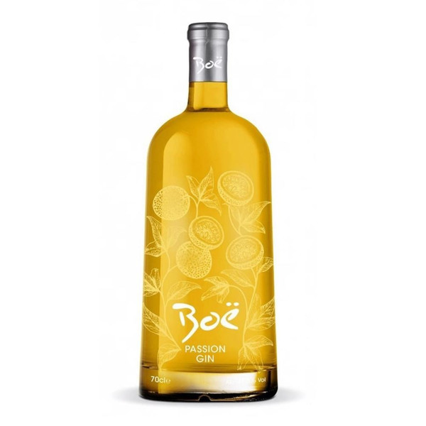 A single yellow-hued bottle with white embossed passion fruit plants around the body, the BOE name is written in white.