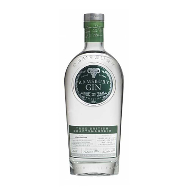 A single transparent bottle with a deep green circle label showcasing the Ramsbury Gin name below an image of a ram.