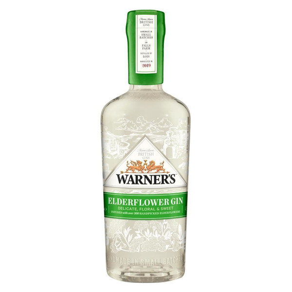 A single transparent bottle with a fresh green cap and label around the body. The Warners name is written in black letters.