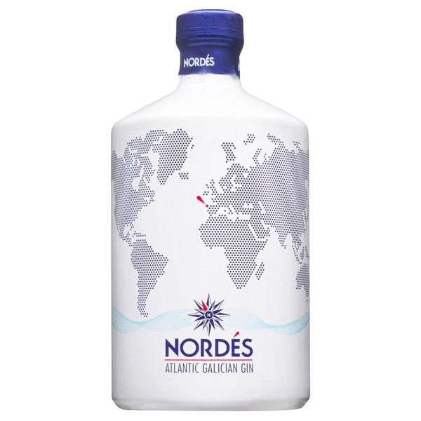 A single white bottle with a blue wax seal. The label shows a global map with the Nordes name written at the bottom.