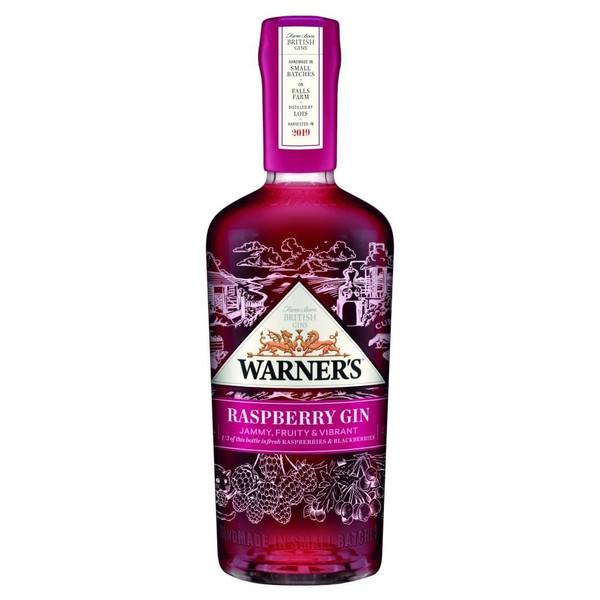 A single transparent bottle with a vivid purple seal. The Warners name is written in black above the Raspberry flavour.