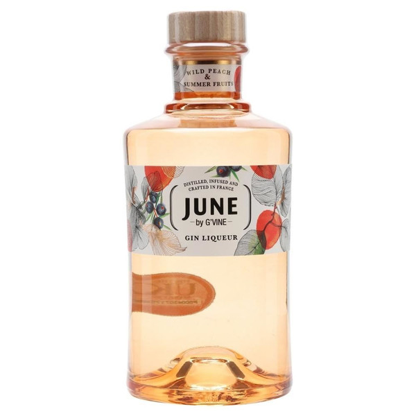 A single orange-hued bottle with a wooden cork closure. The June name is printed in bold against printed botanicals.