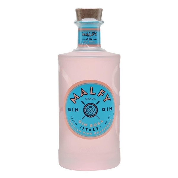A single pale pink frosted bottle with a bright blue, circular label in the centre, with Malfy written in pink in the centre.
