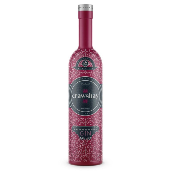 A single tall purple-red bottle with a black circular logo showcasing the Crawshay Rhubarb Vanilla name in white letters.