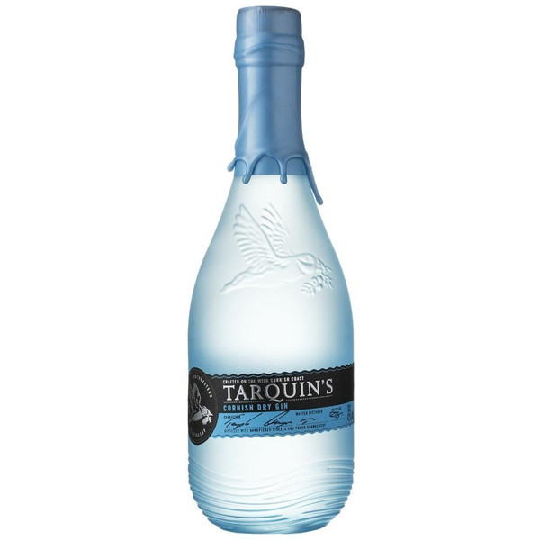 A single pale blue-hued bottle with a blue wax seal. The Tarquins name is written against a black label in silver letters.