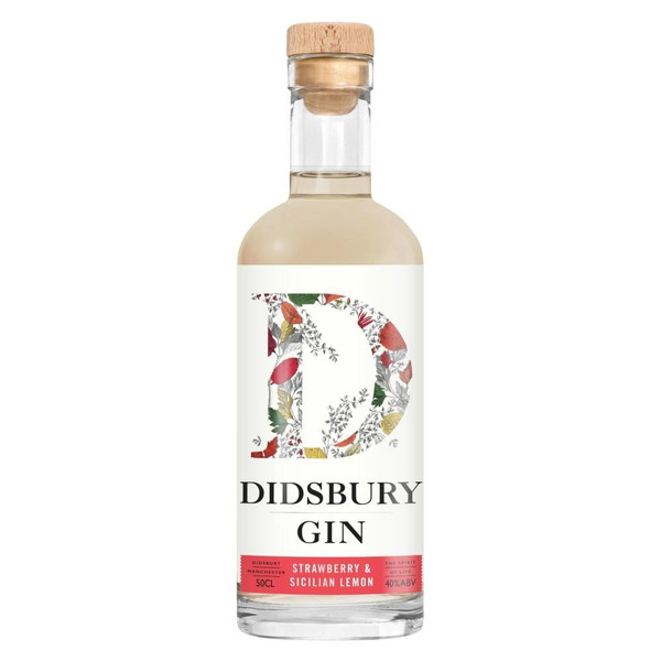 A single transparent bottle with a cork closure, the Didsbury Gin name sits boldly below a floral capital D in the centre.