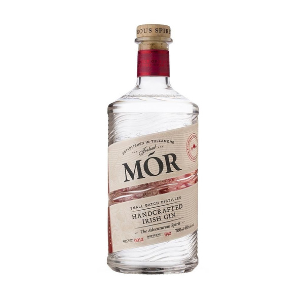 A single transparent bottle with a wooden cork closure, the bottle has a diagonal label with Mor written in bold letters.