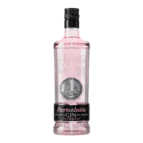 A single transparent bottle with a silver boat stamp in the centre of the body, the Puerto De Indias name is printed in pink.