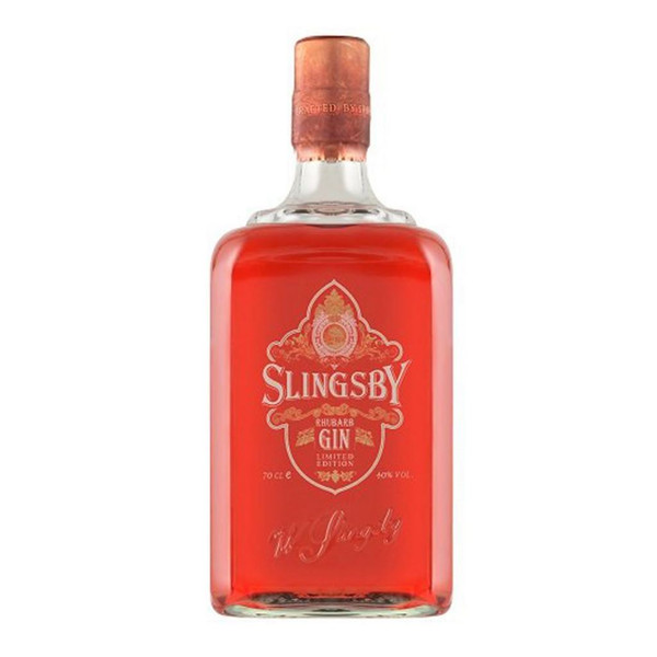 A single transparent bottle with a deep orange closure. The Slingsby name is central and printed in a bold white font.