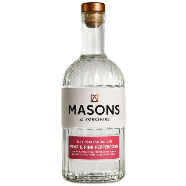 A single transparent bottle with a pleasing monochrome label, showing the Masons of Yorkshire name in bold black letters.