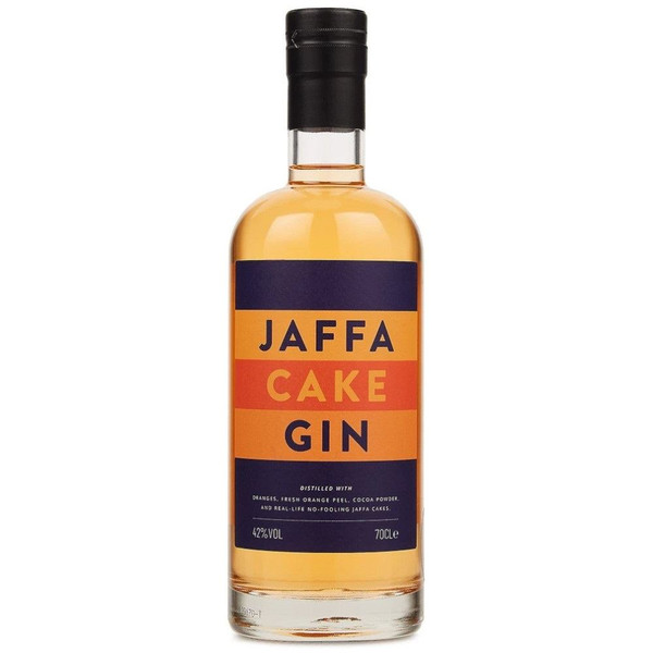 A single transparent bottle with a blue and orange striped label, the Jaffa Cake name is written in the alternating colours.
