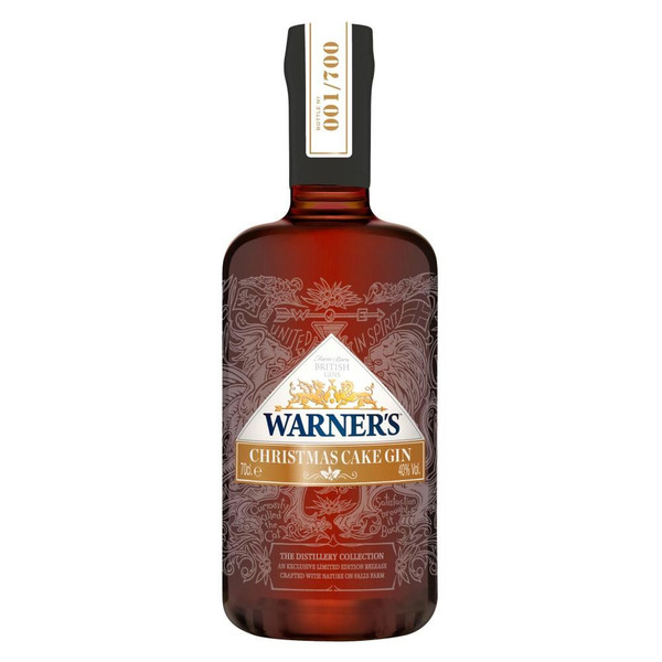 A single brown-hued bottle with the Warners name in deep blue in a triangular label, the Christmas Cake label underneath