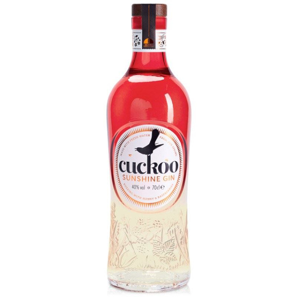 A single pink-red-hued bottle with embossed floral designs at the bottom. The Cuckoo name is central in black.