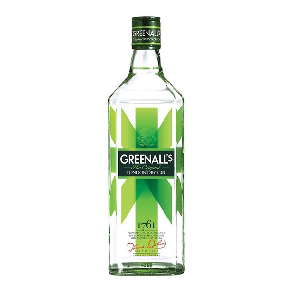 A single transparent bottle with a black rectangular label in the centre, the Greenall’s name is printed in white.