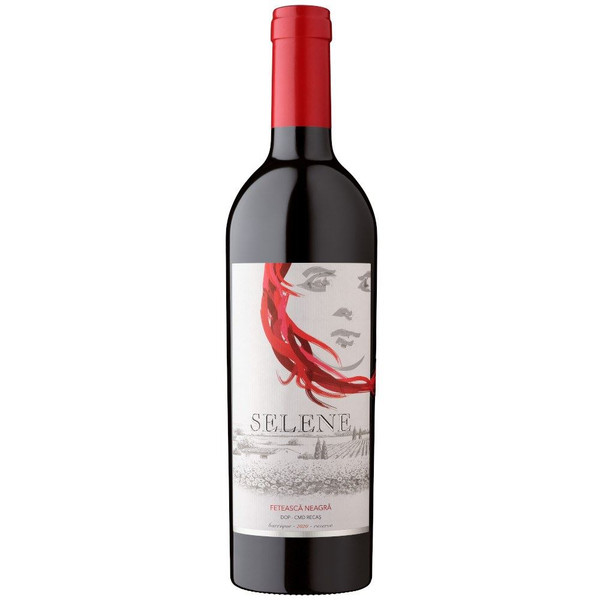 A 75cl glass bottle with with a picture of a face with red hair of Cramele Recas Selene Feteasca Neagra red wine